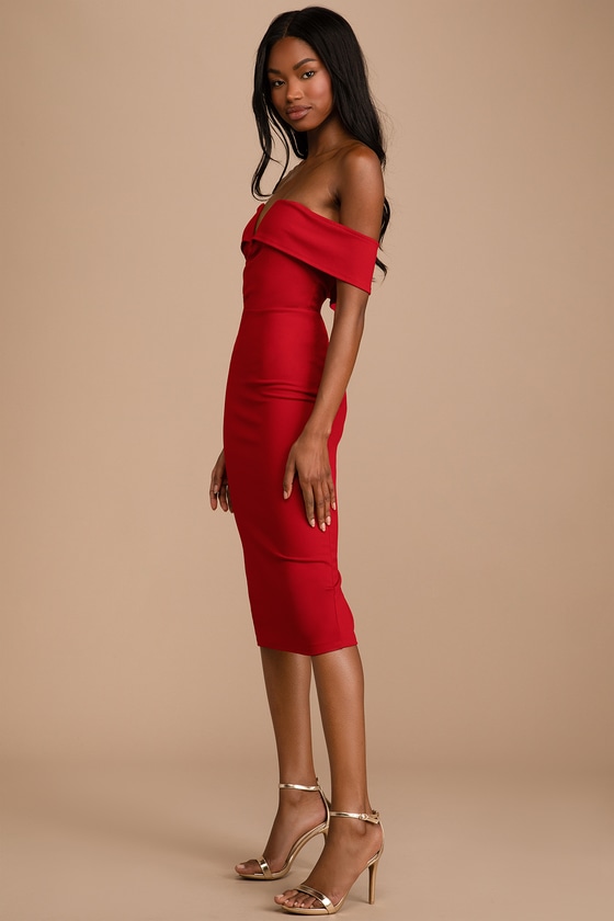 Red Midi Dress - Off-the-Shoulder Dress ...